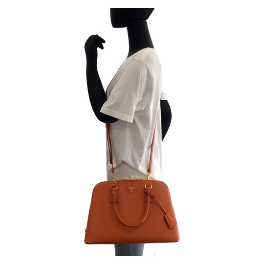 PRADA Handbag leather Orange GoldMetal Handbag Shoulder Bag 2way Safiano Triangle With logo Women Used Authentic