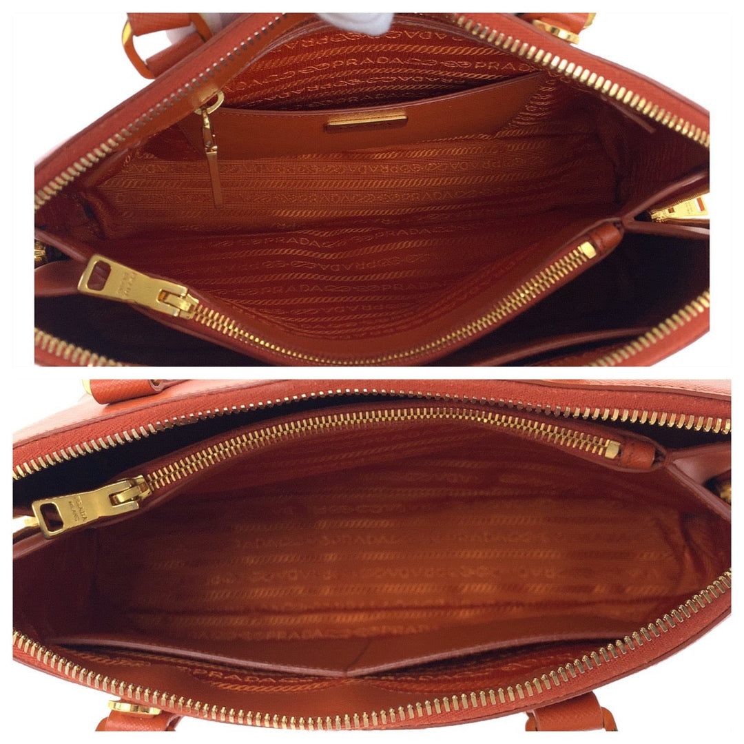 PRADA Handbag leather Orange GoldMetal Handbag Shoulder Bag 2way Safiano Triangle With logo Women Used Authentic