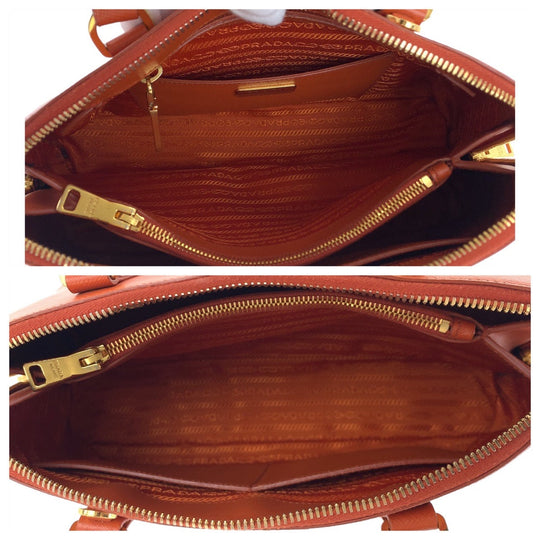 PRADA Handbag leather Orange GoldMetal Handbag Shoulder Bag 2way Safiano Triangle With logo Women Used Authentic
