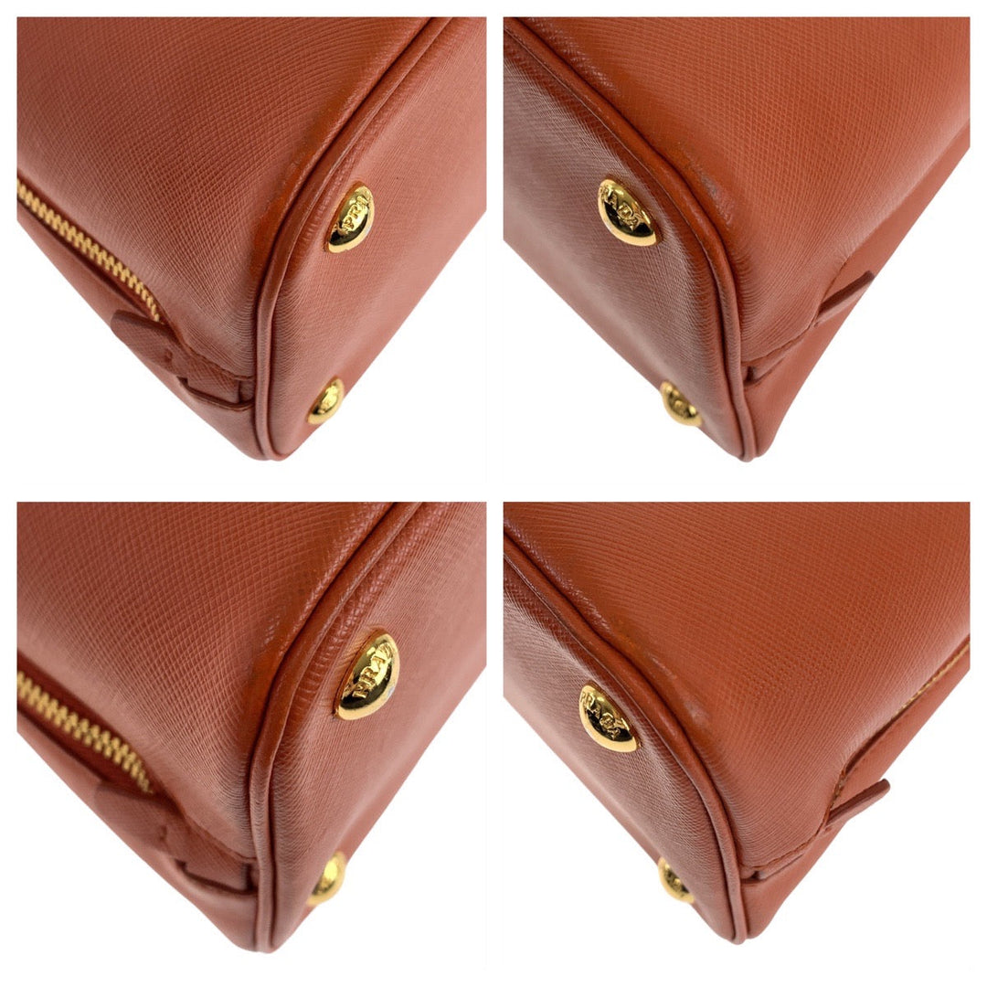 PRADA Handbag leather Orange GoldMetal Handbag Shoulder Bag 2way Safiano Triangle With logo Women Used Authentic