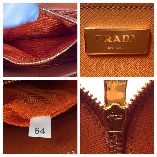 PRADA Handbag leather Orange GoldMetal Handbag Shoulder Bag 2way Safiano Triangle With logo Women Used Authentic