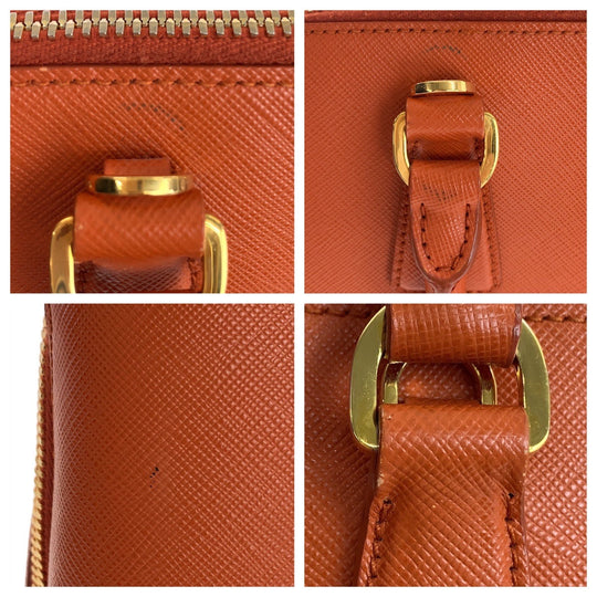 PRADA Handbag leather Orange GoldMetal Handbag Shoulder Bag 2way Safiano Triangle With logo Women Used Authentic