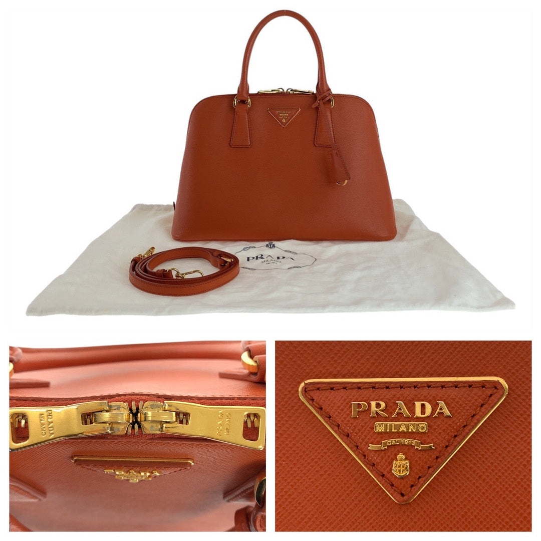 PRADA Handbag leather Orange GoldMetal Handbag Shoulder Bag 2way Safiano Triangle With logo Women Used Authentic