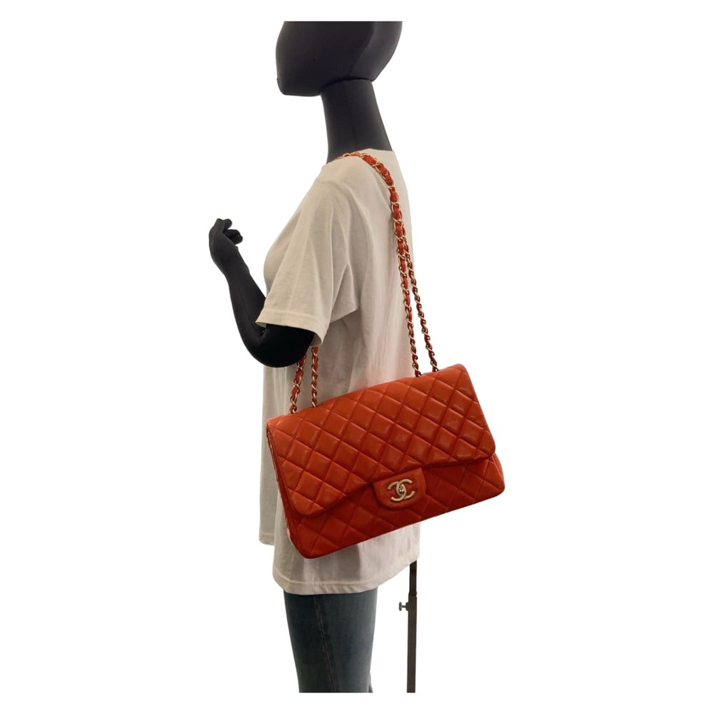 CHANEL Shoulder Bag lambskin Orange GoldMetal ChainShoulder Bag Deca Matelasse 30 Single Flap COCO Mark Turnlock Women Used Authentic