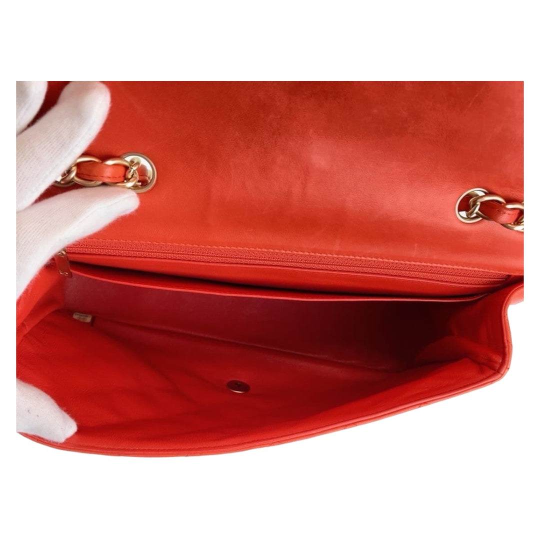 CHANEL Shoulder Bag lambskin Orange GoldMetal ChainShoulder Bag Deca Matelasse 30 Single Flap COCO Mark Turnlock Women Used Authentic