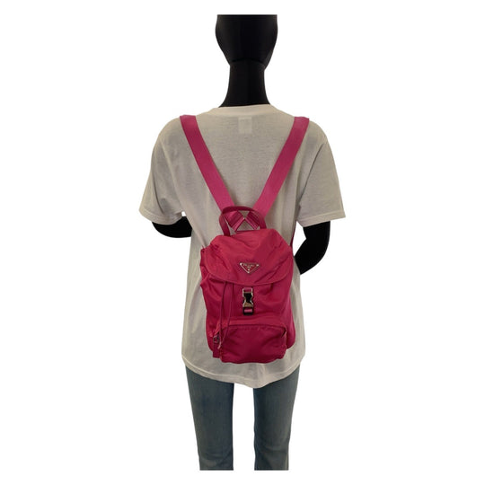 PRADA Backpack Nylon Pink SilverMetal Backpack Test Triangle With logo Women Used Authentic