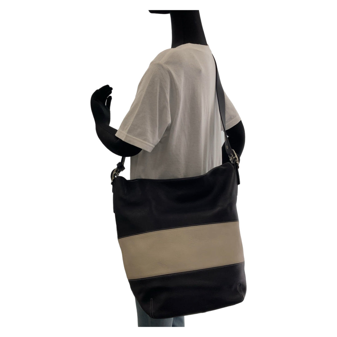 COACH Shoulder Bag leather Black White SilverMetal Shoulder Bag Duffle bag Hobo Bucket Women Used Authentic