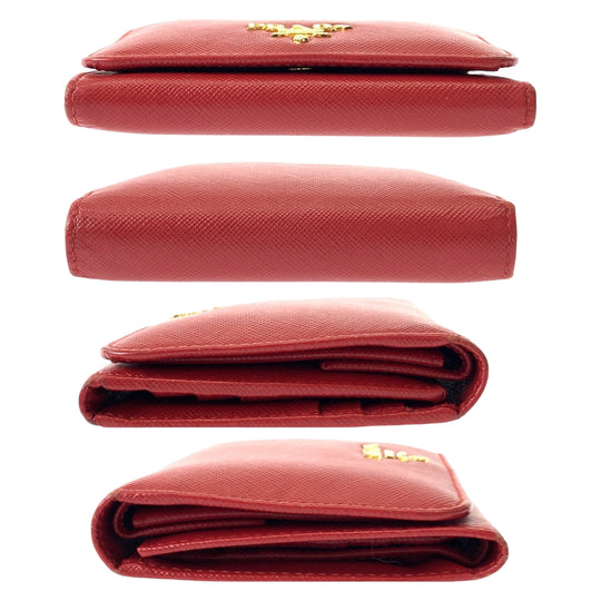 PRADA Tri-fold wallet leather Red Gold Metal Folding wallet Compact wallet Safiano Women Used Authentic