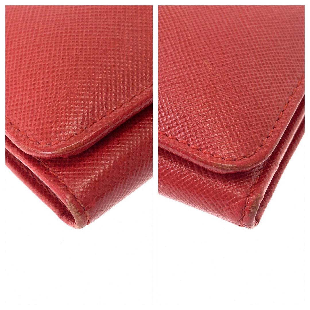 PRADA Tri-fold wallet leather Red Gold Metal Folding wallet Compact wallet Safiano Women Used Authentic