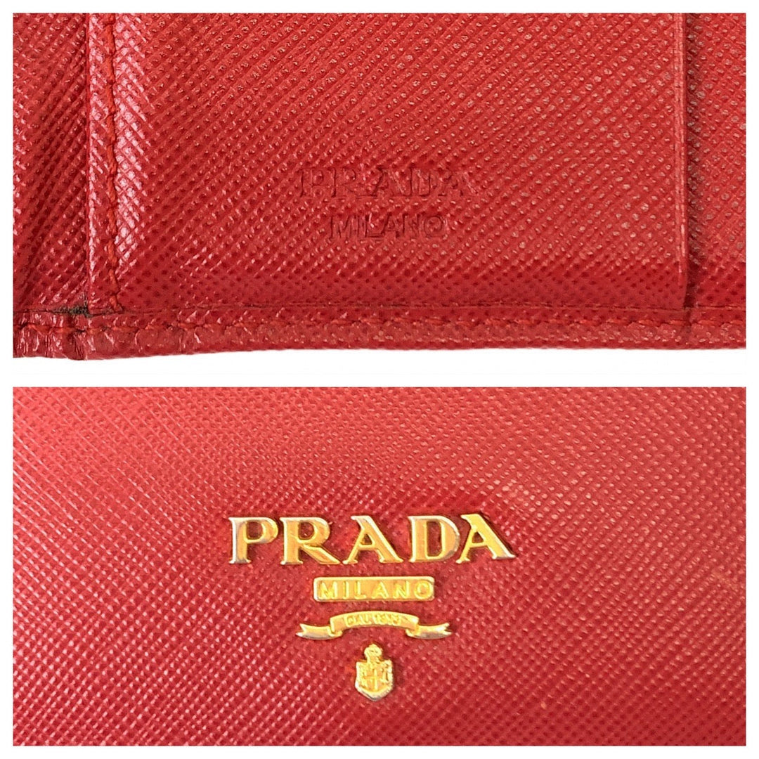 PRADA Tri-fold wallet leather Red Gold Metal Folding wallet Compact wallet Safiano Women Used Authentic