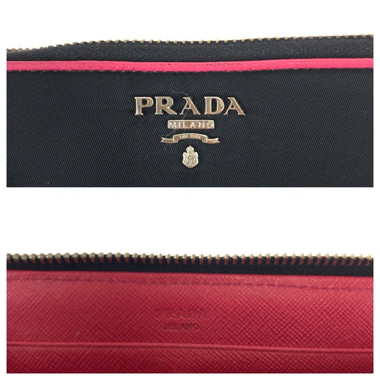 PRADA Long Wallet Purse Nylon Black Pink SilverMetal Long Wallet Purse Round Zip Test Women Used Authentic