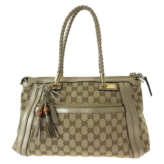 GUCCI Tote Bag 282300 GG canvas Brown Gold Metal Tote Bag handbag Bella Bamboo Ribbon tassel Women Used Authentic