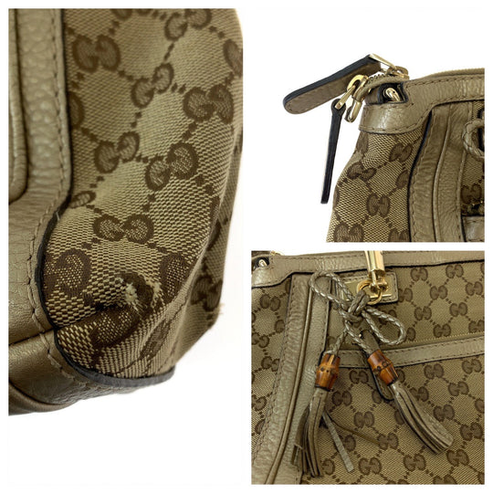 GUCCI Tote Bag 282300 GG canvas Brown Gold Metal Tote Bag handbag Bella Bamboo Ribbon tassel Women Used Authentic