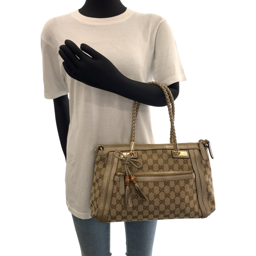 GUCCI Tote Bag 282300 GG canvas Brown Gold Metal Tote Bag handbag Bella Bamboo Ribbon tassel Women Used Authentic