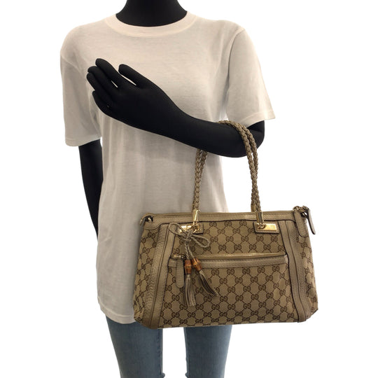 GUCCI Tote Bag 282300 GG canvas Brown Gold Metal Tote Bag handbag Bella Bamboo Ribbon tassel Women Used Authentic