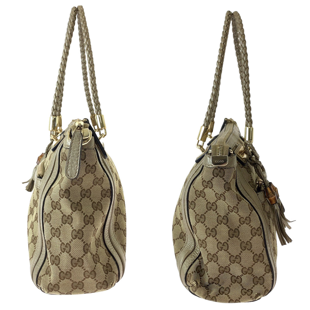 GUCCI Tote Bag 282300 GG canvas Brown Gold Metal Tote Bag handbag Bella Bamboo Ribbon tassel Women Used Authentic