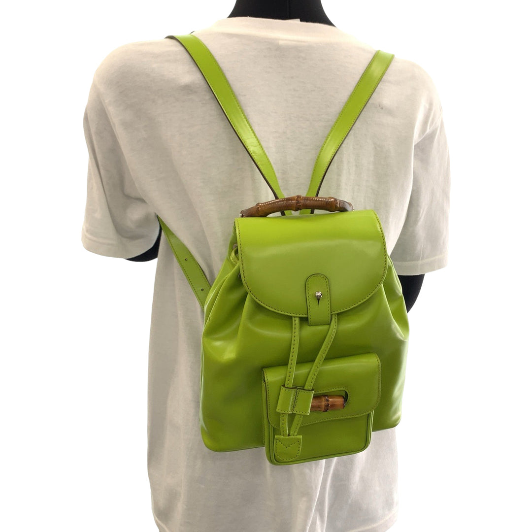 GUCCI Backpack 003 2034 0030 leather Light Green Brown SilverMetal Mini Backpack Backpack Bamboo Women Used Authentic