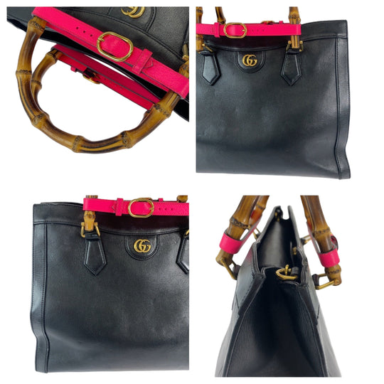 GUCCI Tote Bag 655658 leather Black GoldMetal Tote Bag Shoulder Bag Handbag 2way Bamboo Diana Women Used Authentic
