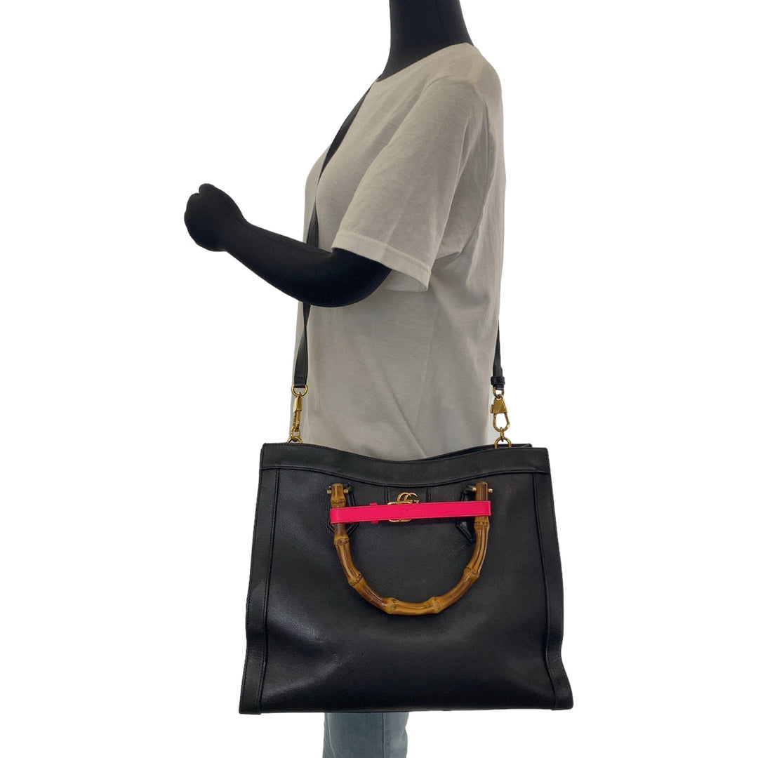 GUCCI Tote Bag 655658 leather Black GoldMetal Tote Bag Shoulder Bag Handbag 2way Bamboo Diana Women Used Authentic