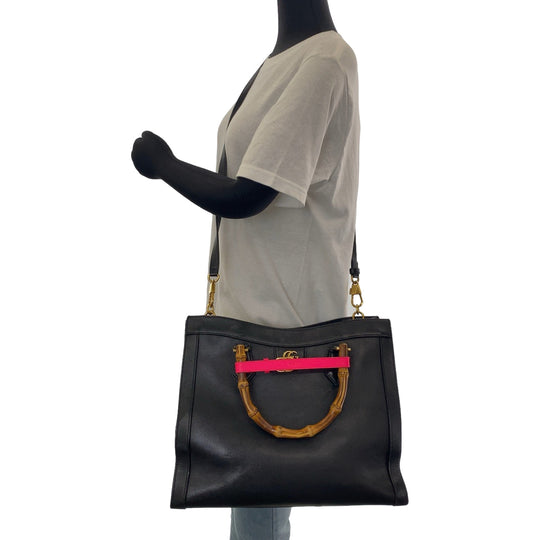 GUCCI Tote Bag 655658 leather Black GoldMetal Tote Bag Shoulder Bag Handbag 2way Bamboo Diana Women Used Authentic