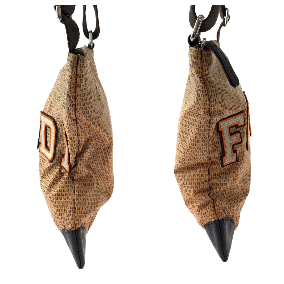 FENDI Shoulder Bag 8BTI84 Nylon Brown Orange SilverMetal Shoulder Bag Crossbody Pochette ZucchinoPattern Women Used Authentic