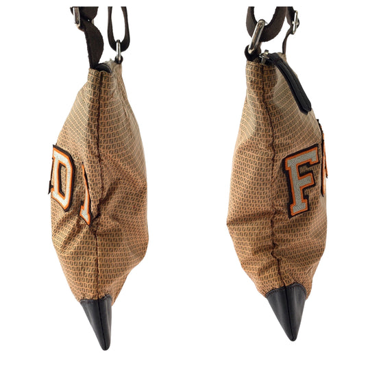 FENDI Shoulder Bag 8BTI84 Nylon Brown Orange SilverMetal Shoulder Bag Crossbody Pochette ZucchinoPattern Women Used Authentic
