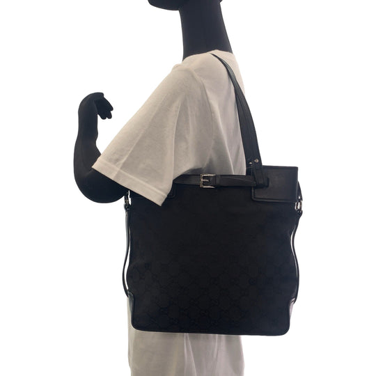 GUCCI Tote Bag 107757 GG canvas Black SilverMetal Tote Bag Shoulder Bag Women Used Authentic