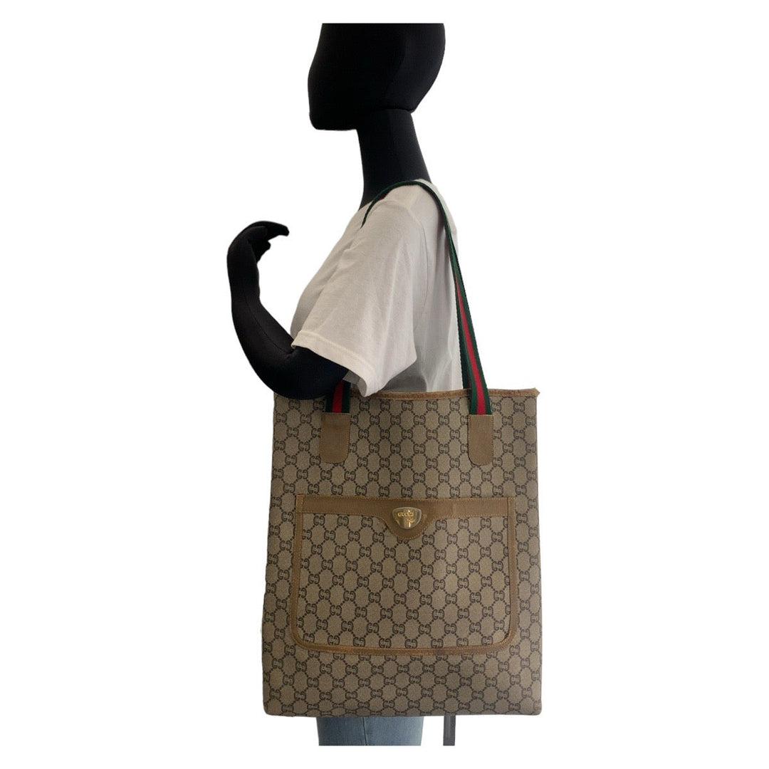 GUCCI Tote Bag GG Supreme canvas, leather Beige Gold Metal Tote Bag Shoulder Bag GG Plus Sherry Line GG Supreme Old Gucci Women Used Authentic