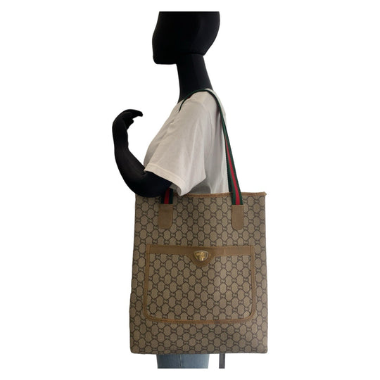 GUCCI Tote Bag GG Supreme canvas, leather Beige Gold Metal Tote Bag Shoulder Bag GG Plus Sherry Line GG Supreme Old Gucci Women Used Authentic