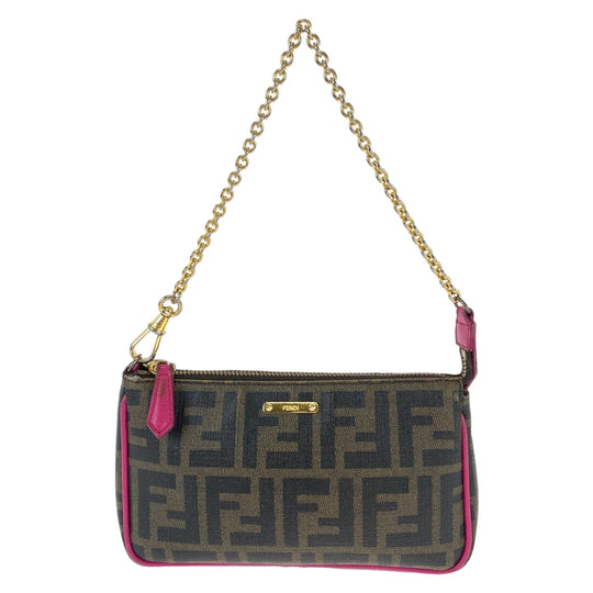 FENDI Handbag 8M0271 GRP leather Brown Pink Gold Metal Chain Handbag Accessory Pouch Zucca Pattern Women Used Authentic