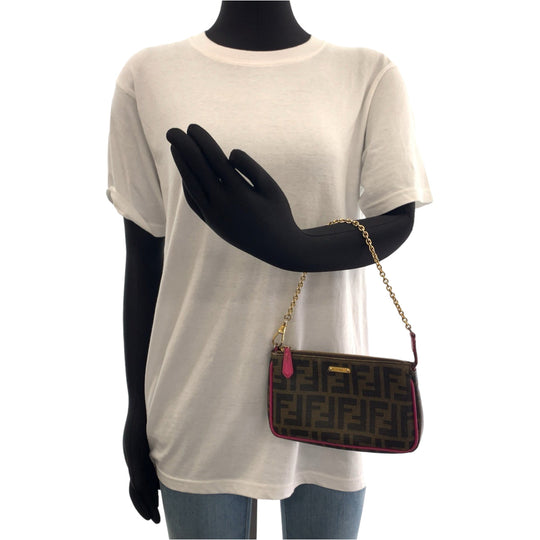 FENDI Handbag 8M0271 GRP leather Brown Pink Gold Metal Chain Handbag Accessory Pouch Zucca Pattern Women Used Authentic