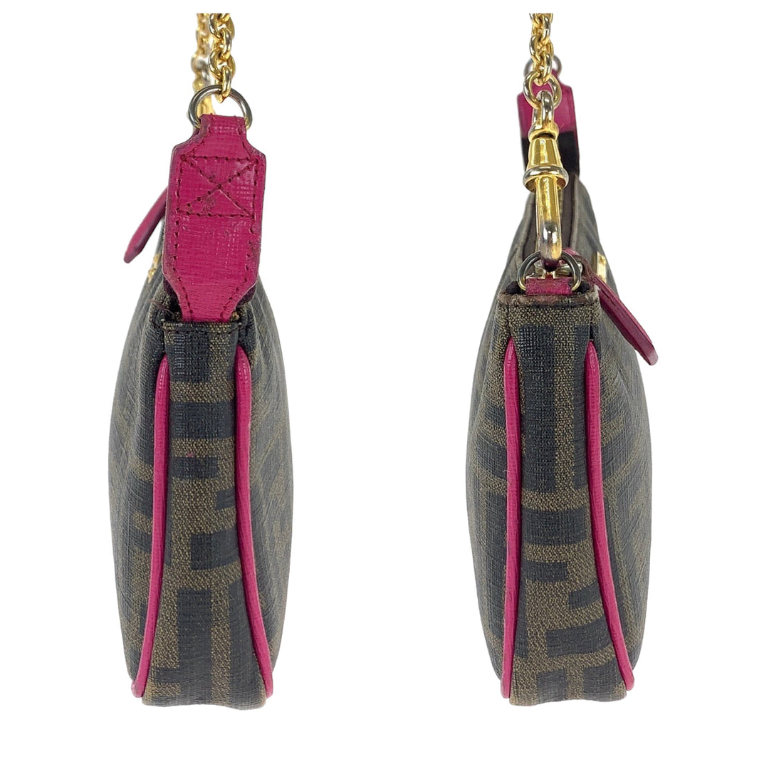 FENDI Handbag 8M0271 GRP leather Brown Pink Gold Metal Chain Handbag Accessory Pouch Zucca Pattern Women Used Authentic