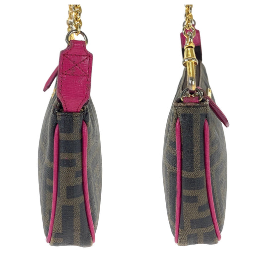 FENDI Handbag 8M0271 GRP leather Brown Pink Gold Metal Chain Handbag Accessory Pouch Zucca Pattern Women Used Authentic