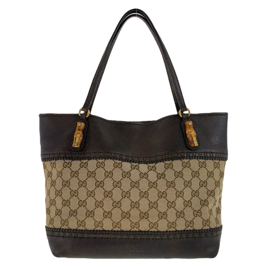 GUCCI Tote Bag 353125 GG canvas, leather Brown Gold Metal Tote Bag Shoulder Bag Handbag Bamboo Women Used Authentic