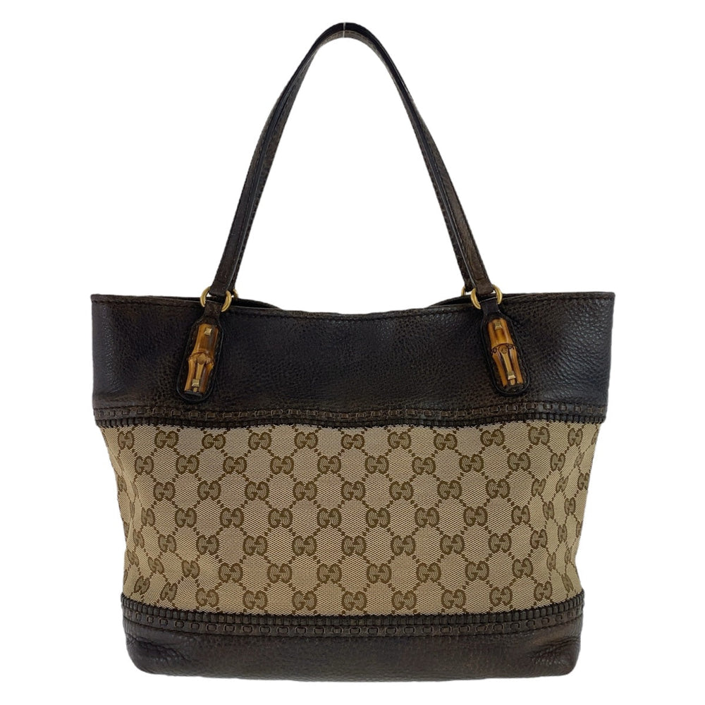 GUCCI Tote Bag 353125 GG canvas, leather Brown Gold Metal Tote Bag Shoulder Bag Handbag Bamboo Women Used Authentic