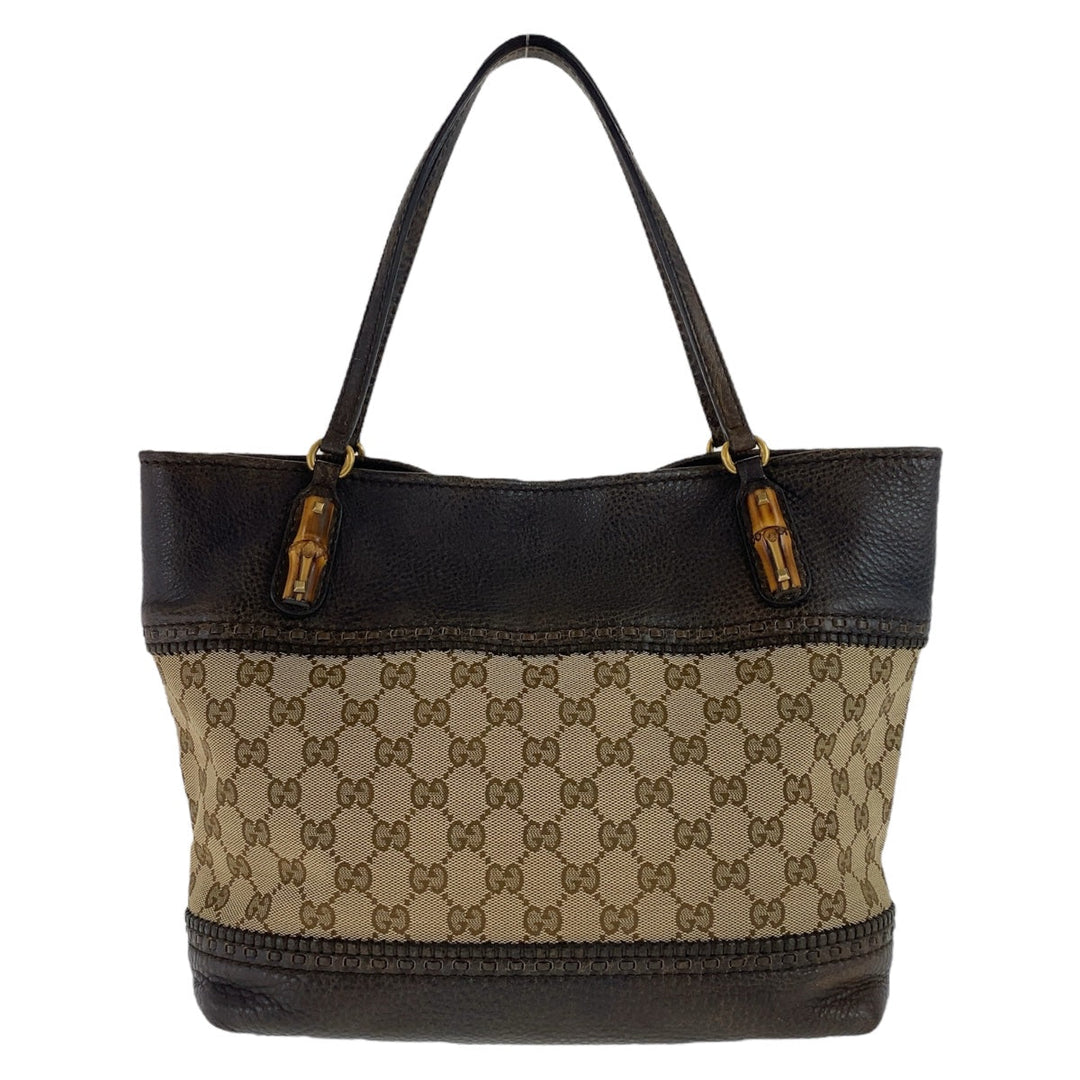GUCCI Tote Bag 353125 GG canvas, leather Brown Gold Metal Tote Bag Shoulder Bag Handbag Bamboo Women Used Authentic