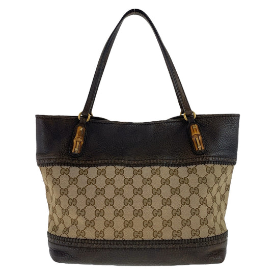 GUCCI Tote Bag 353125 GG canvas, leather Brown Gold Metal Tote Bag Shoulder Bag Handbag Bamboo Women Used Authentic