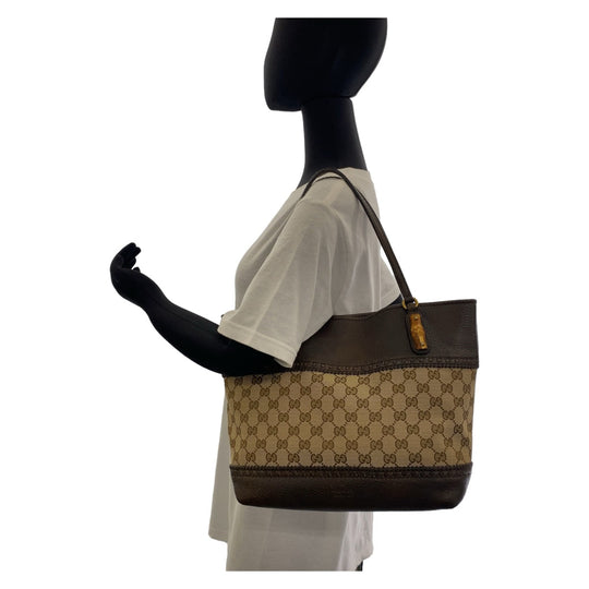 GUCCI Tote Bag 353125 GG canvas, leather Brown Gold Metal Tote Bag Shoulder Bag Handbag Bamboo Women Used Authentic