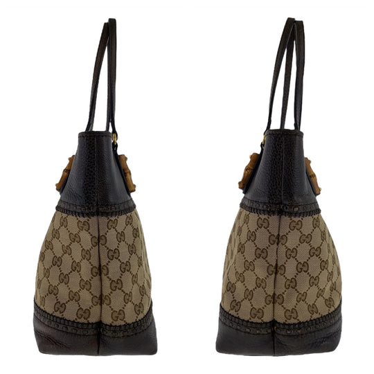 GUCCI Tote Bag 353125 GG canvas, leather Brown Gold Metal Tote Bag Shoulder Bag Handbag Bamboo Women Used Authentic