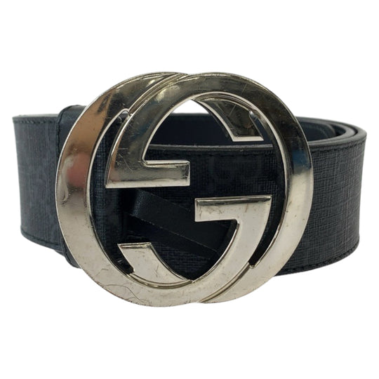 GUCCI belt 525040 GG Supreme Canvas Black Silver Metal Belt buckle Interlocking mens 34 Used Authentic