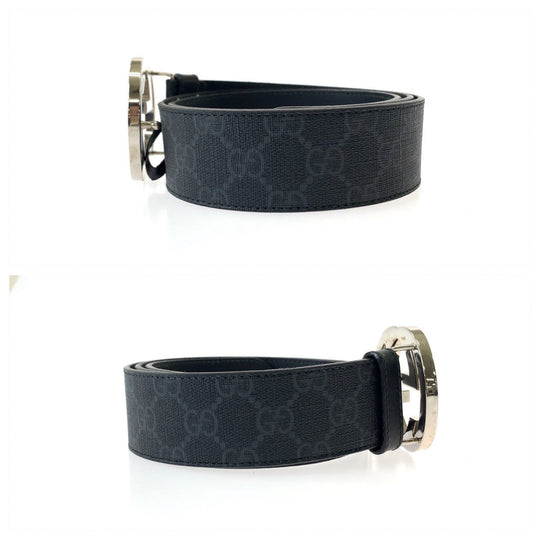 GUCCI belt 525040 GG Supreme Canvas Black Silver Metal Belt buckle Interlocking mens 34 Used Authentic