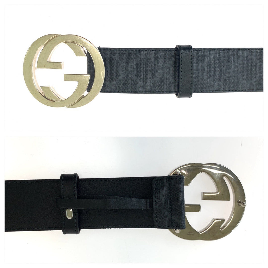 GUCCI belt 525040 GG Supreme Canvas Black Silver Metal Belt buckle Interlocking mens 34 Used Authentic