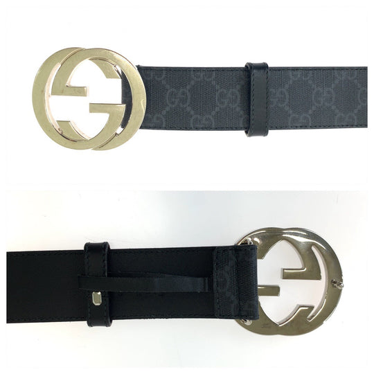 GUCCI belt 525040 GG Supreme Canvas Black Silver Metal Belt buckle Interlocking mens 34 Used Authentic