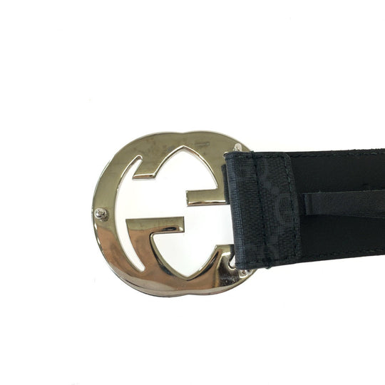 GUCCI belt 525040 GG Supreme Canvas Black Silver Metal Belt buckle Interlocking mens 34 Used Authentic