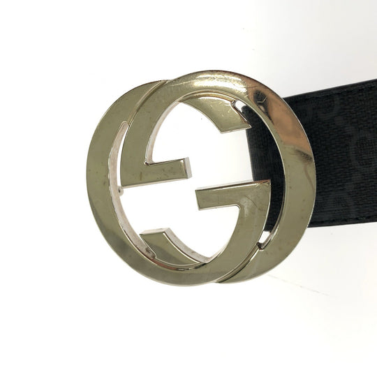 GUCCI belt 525040 GG Supreme Canvas Black Silver Metal Belt buckle Interlocking mens 34 Used Authentic
