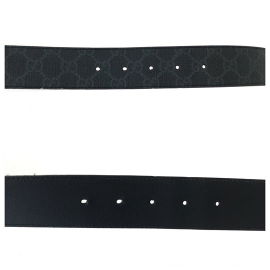 GUCCI belt 525040 GG Supreme Canvas Black Silver Metal Belt buckle Interlocking mens 34 Used Authentic