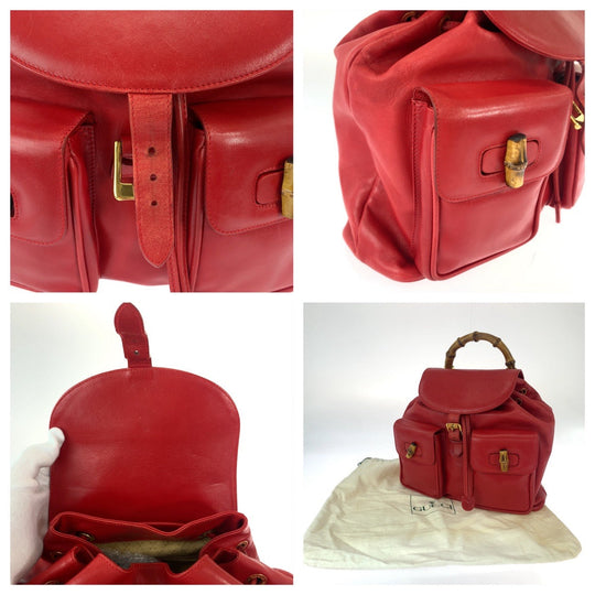GUCCI Backpack 003 2058 0016 leather Red Gold Metal Backpack Backpack Bamboo Women Used Authentic