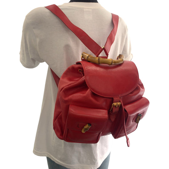 GUCCI Backpack 003 2058 0016 leather Red Gold Metal Backpack Backpack Bamboo Women Used Authentic
