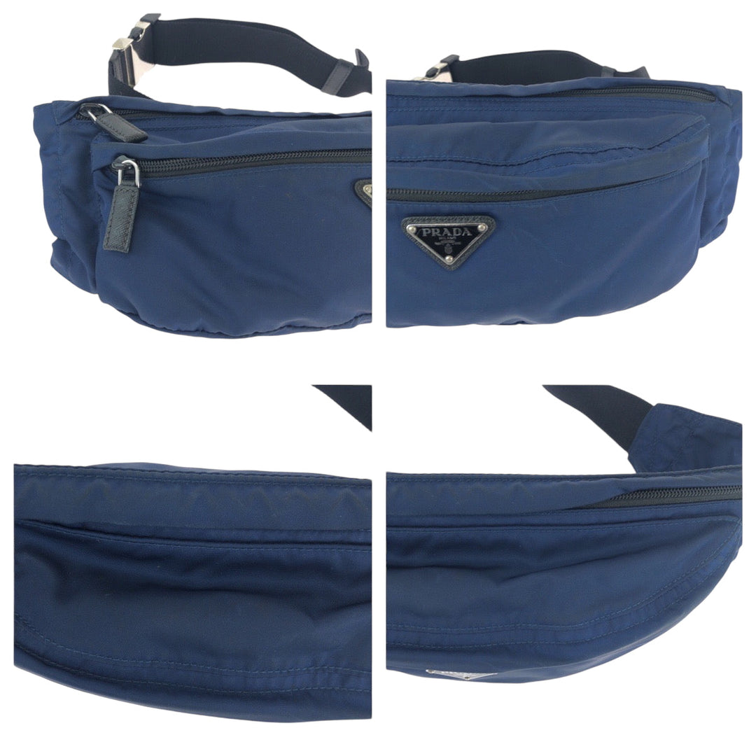 PRADA Waist bag Nylon Navy Black SilverMetal Waist Bag Bum Bag Test Triangle With logo mens Used Authentic