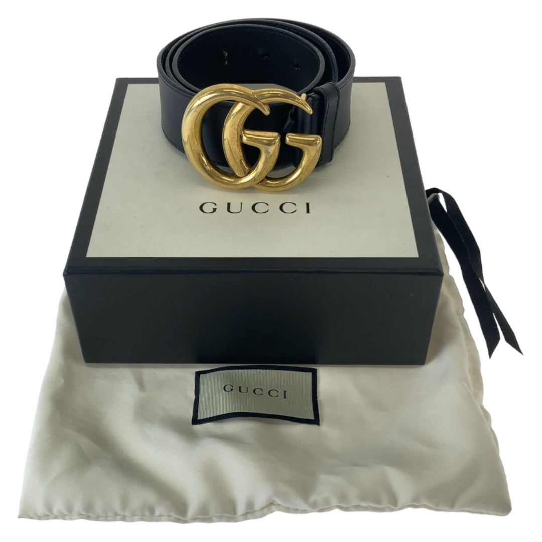 GUCCI belt 400593 leather Black Gold Metal GG Marmont mens 30 Used Authentic